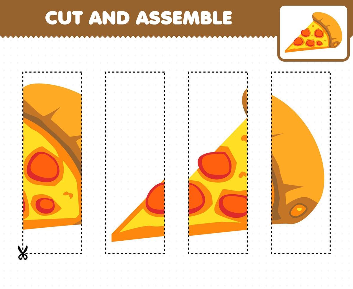 Education game for children cutting practice and assemble puzzle with cartoon food pizza vector