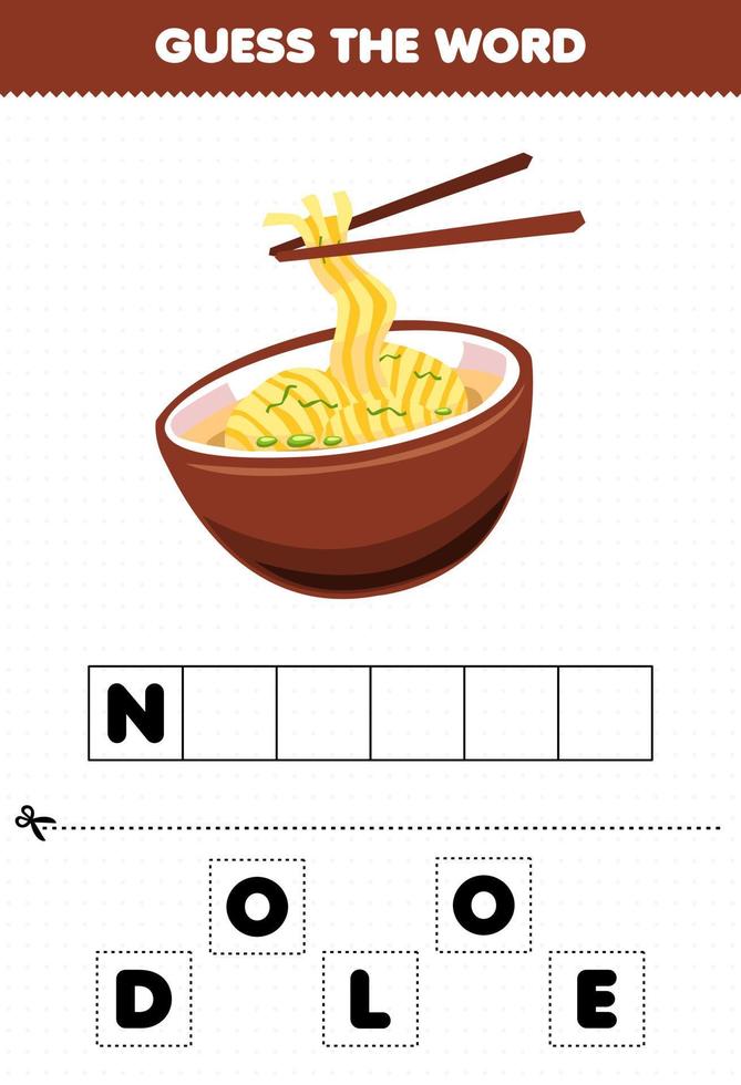 Education game for children guess the word letters practicing cartoon food noodle vector