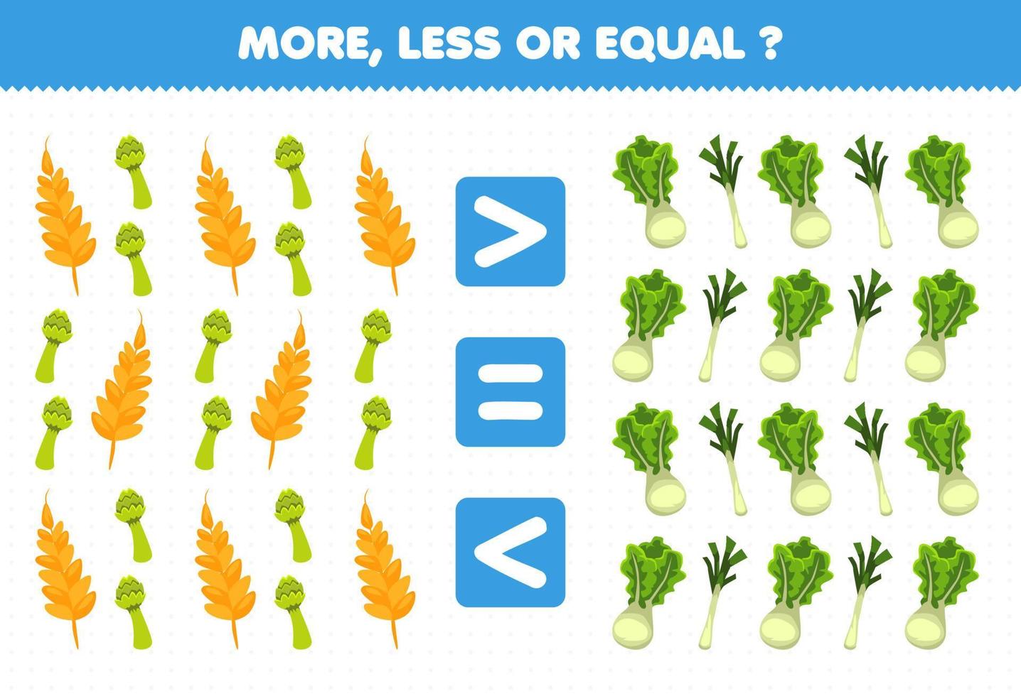 Education game for children more less or equal count the amount of cartoon vegetables wheat asparagus lettuce leek vector