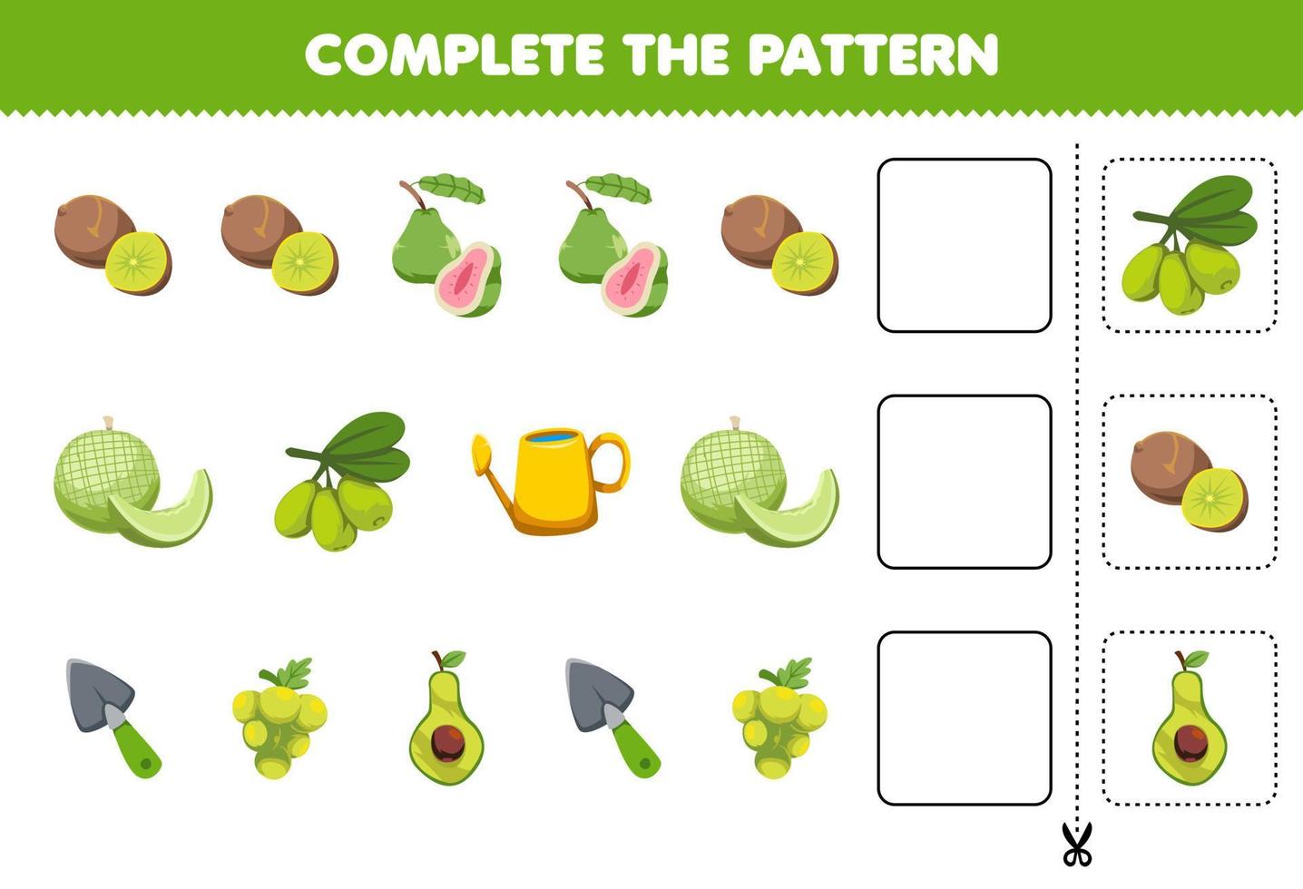 el juego educativo para niños completa el patrón de pensamiento lógico, encuentra la regularidad y continúa la tarea de la fila con frutas verdes de dibujos animados vector