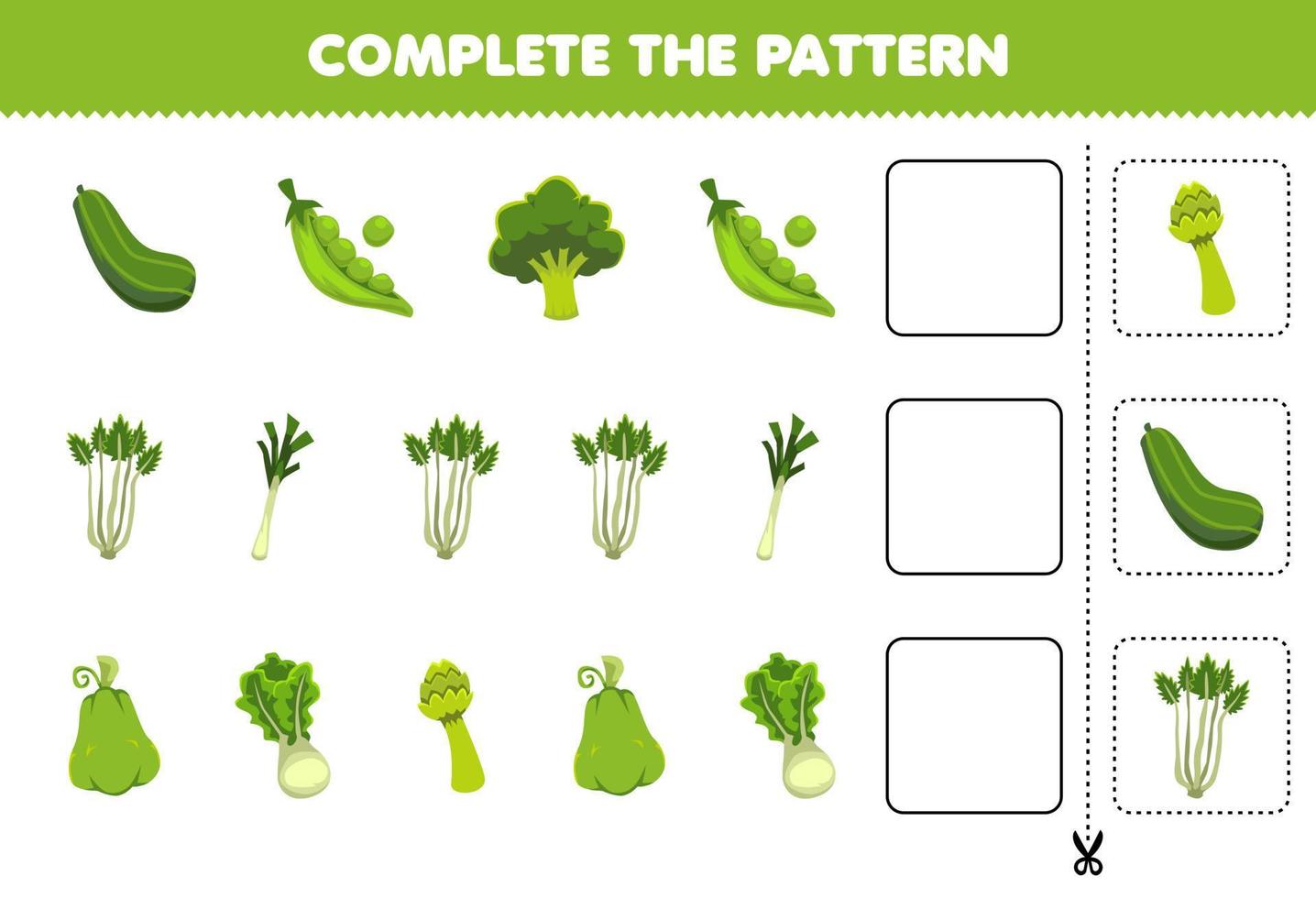 Education game for children complete the pattern logical thinking find the regularity and continue the row task with cartoon green vegetables vector