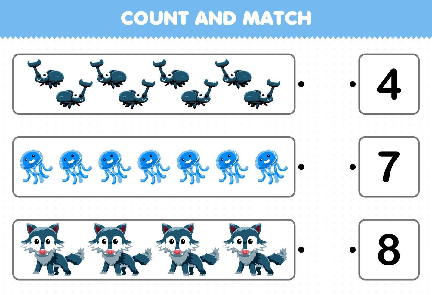 Education game for children count and match count the number of cute cartoon blue animal beetle jellyfish wolf and match with the right numbers printable worksheet vector