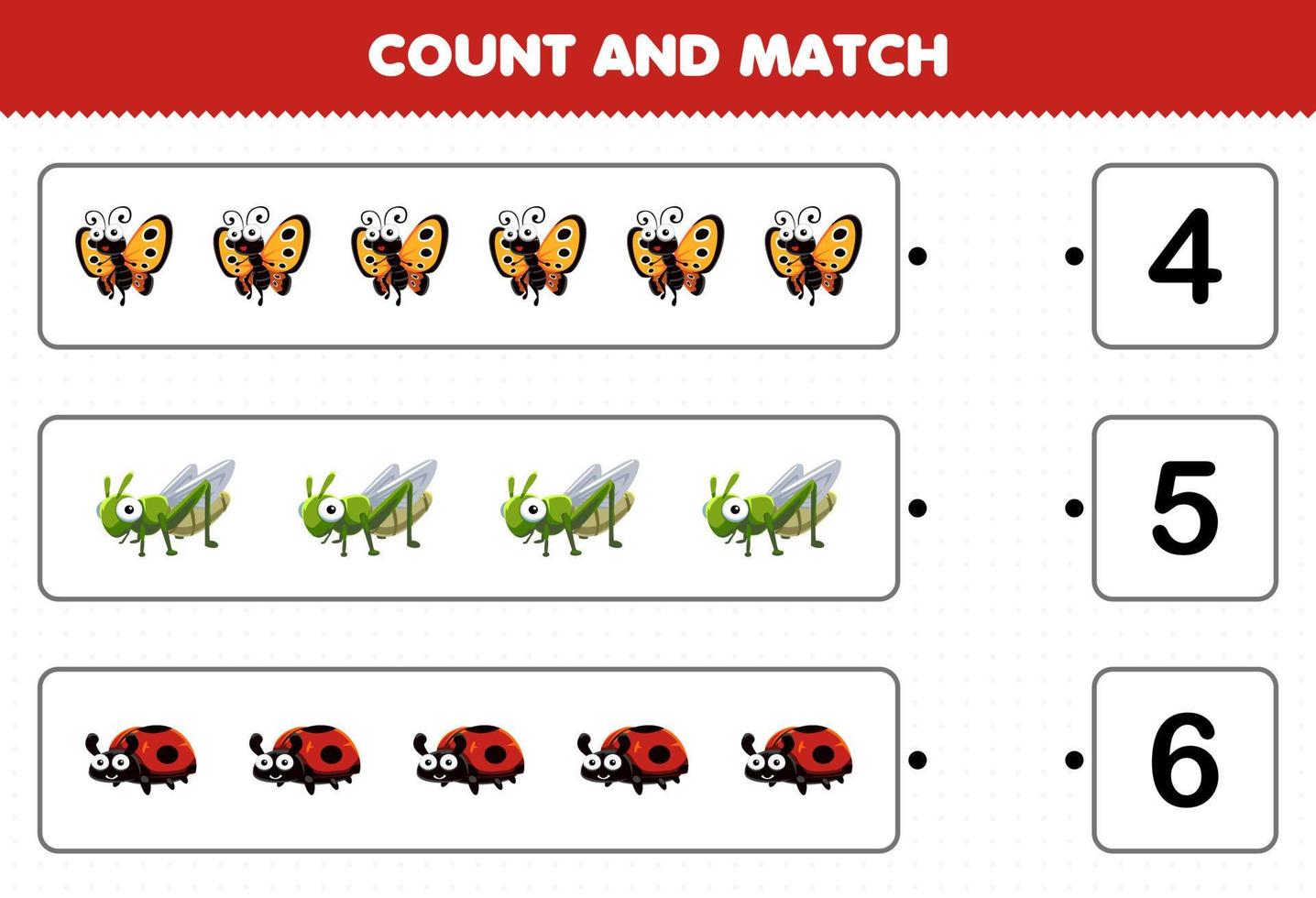Education game for children count and match count the number of cute cartoon insect animal butterfly grasshopper ladybug and match with the right numbers printable worksheet vector