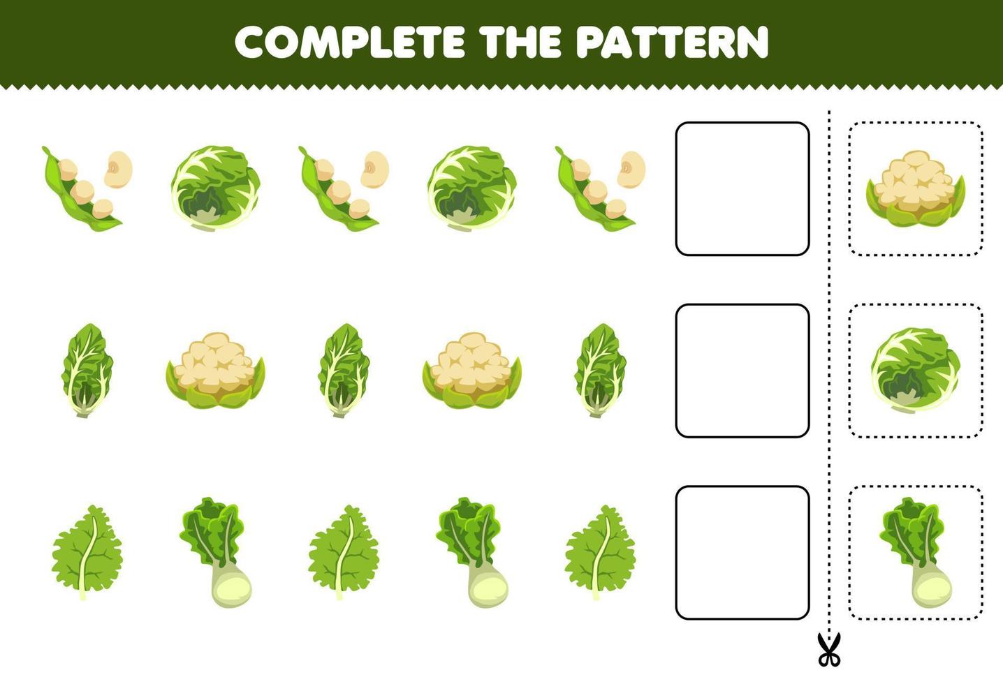 juego educativo para niños completar el patrón pensamiento lógico encontrar la regularidad y continuar la tarea de la fila con verduras de dibujos animados soja col lechuga col rizada coliflor vector