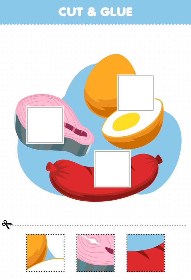 juego educativo para niños corte y pegue partes cortadas de salchichas de huevo de salmón de alimentos de dibujos animados lindos y péguelos hoja de trabajo imprimible vector