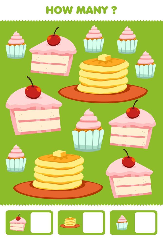 juego educativo para niños buscando y contando actividad para preescolar cuántos dibujos animados comida merienda pastel cupcake tortita vector