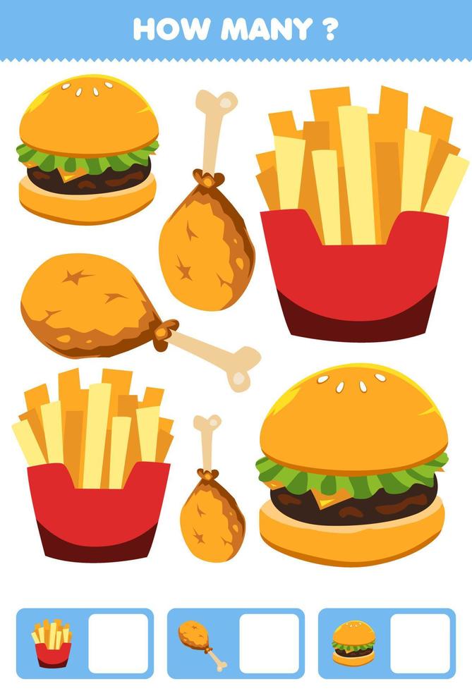 Education game for children searching and counting activity for preschool how many cartoon food snack burger fried chicken fried fries vector