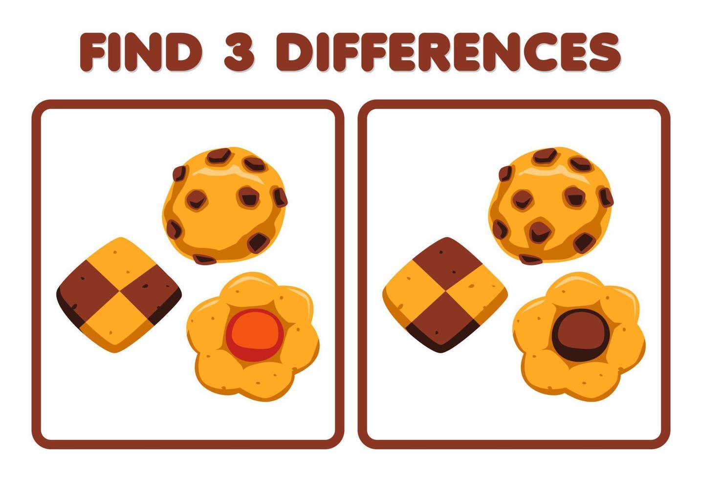 juego educativo para niños encuentra tres diferencias entre dos dibujos animados de galletas de comida vector