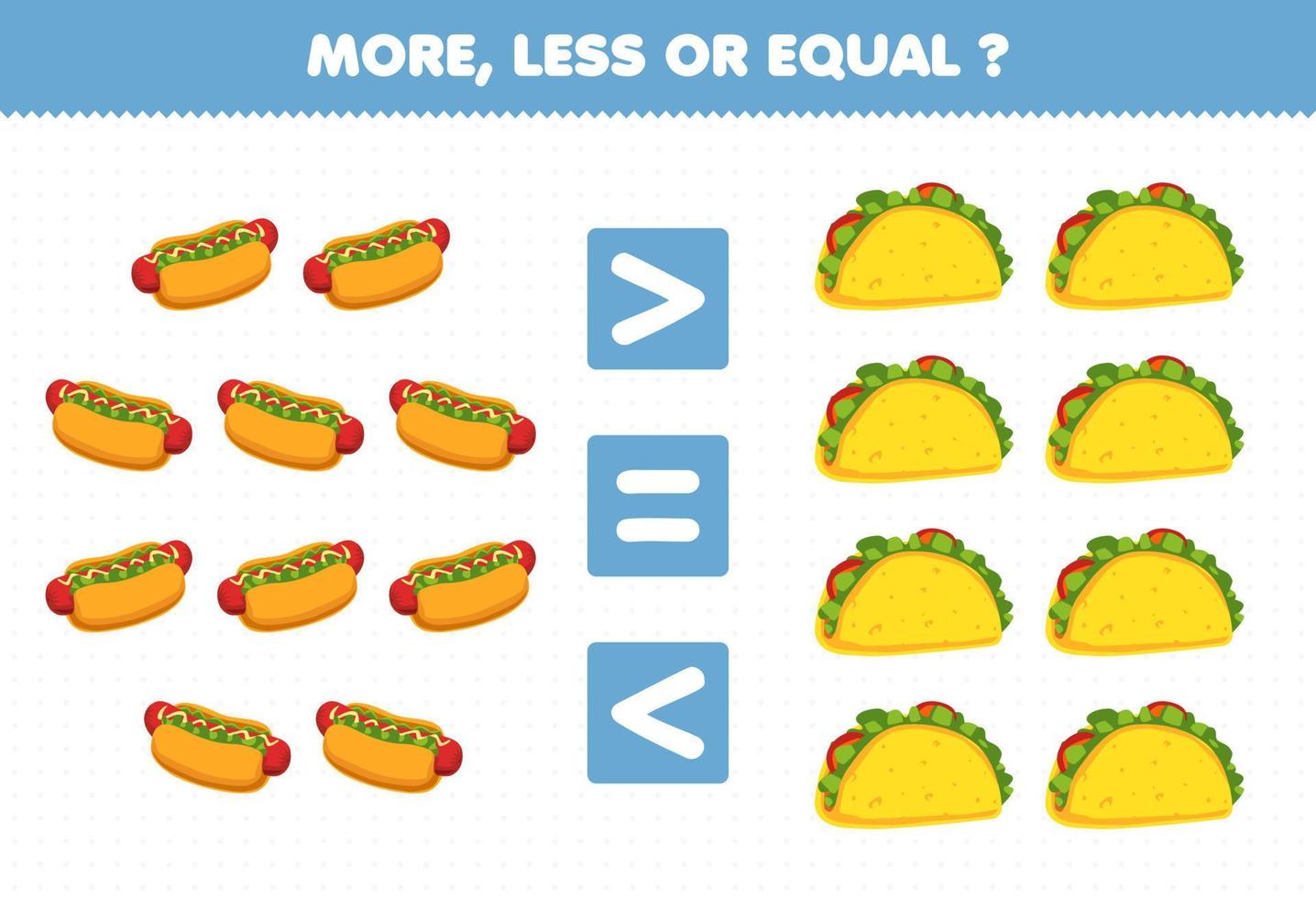 Education game for children more less or equal count the amount of cartoon food hotdog taco vector