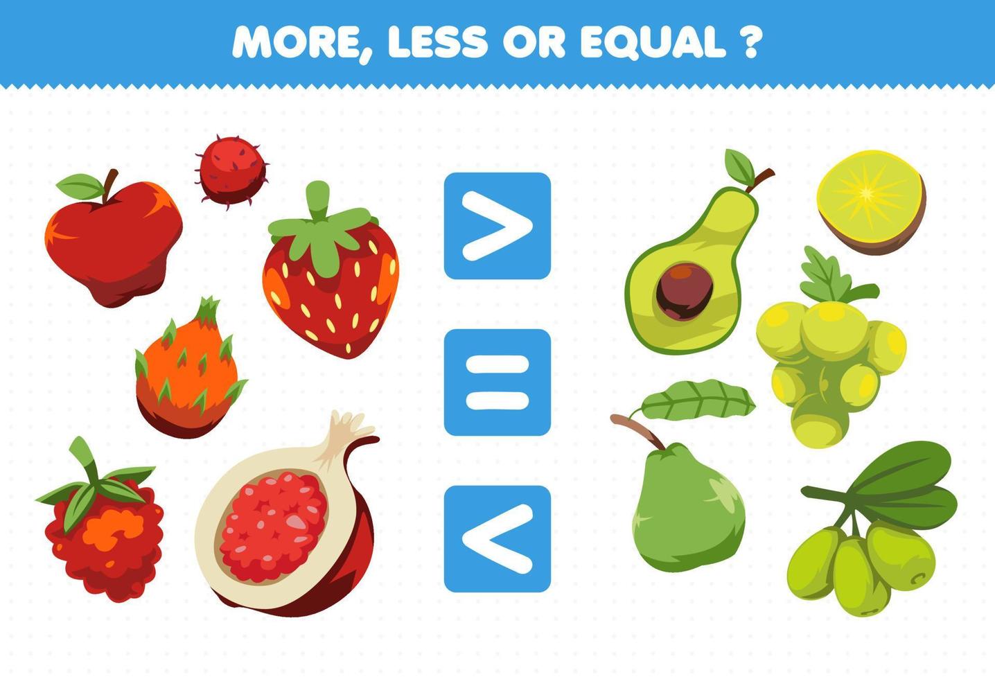 Education game for children more less or equal count the amount of cartoon fruits apple rambutan strawberry raspberries pomegranate dragon fruit avocado grape guava olive kiwi vector