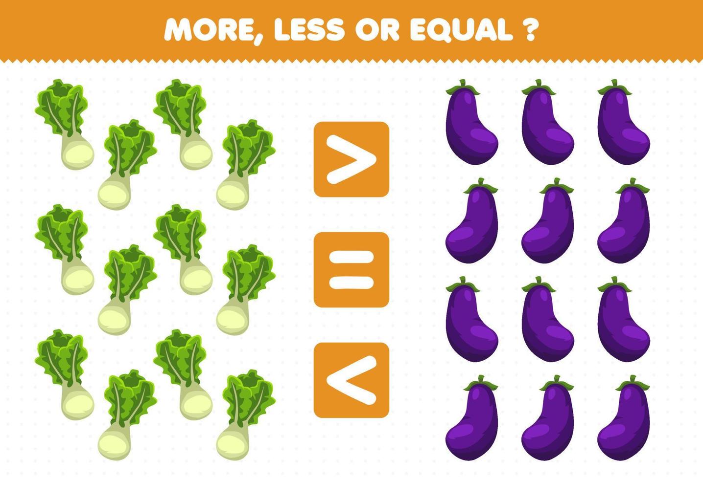 Education game for children more less or equal count the amount of cartoon vegetables lettuce eggplant vector