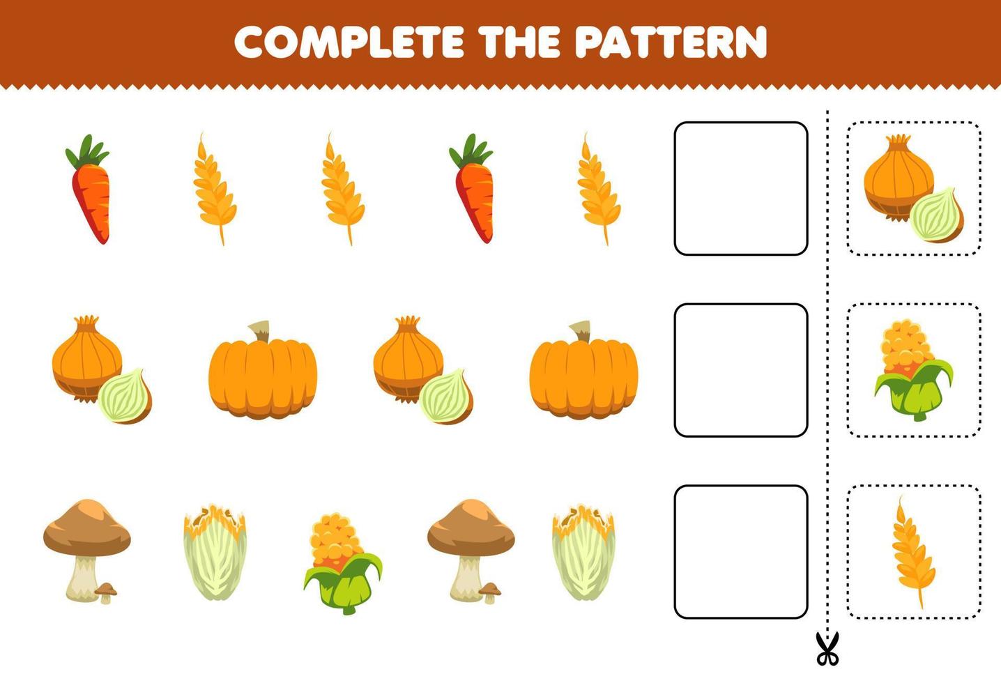 Education game for children complete the pattern logical thinking find the regularity and continue the row task with cartoon vegetables carrot wheat onion pumpkin mushroom corn vector