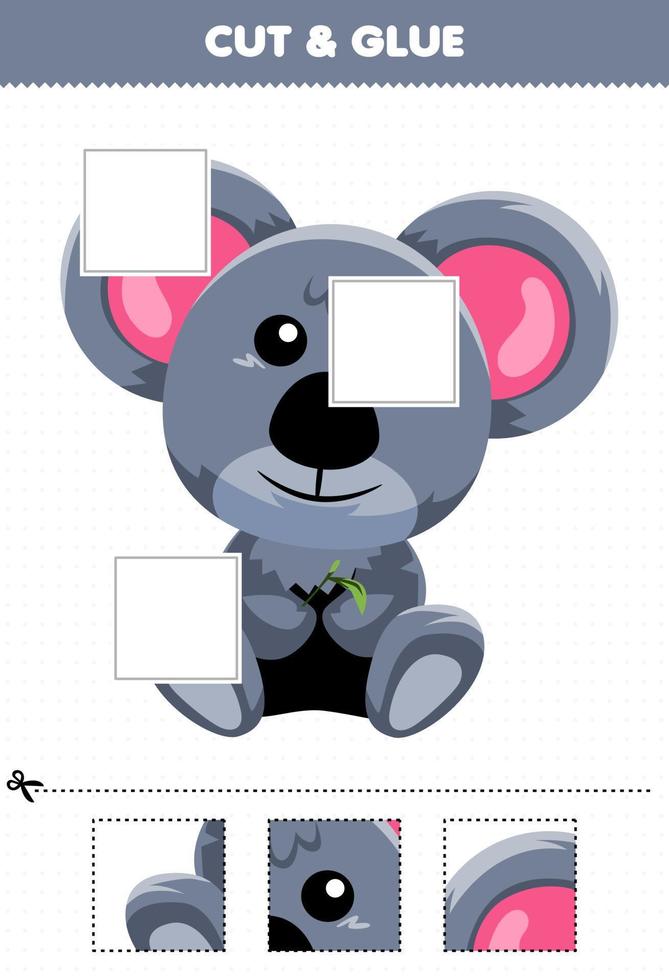 juego educativo para niños cortar y pegar cortar partes de un lindo animal de dibujos animados koala y pegarlas hoja de trabajo imprimible vector