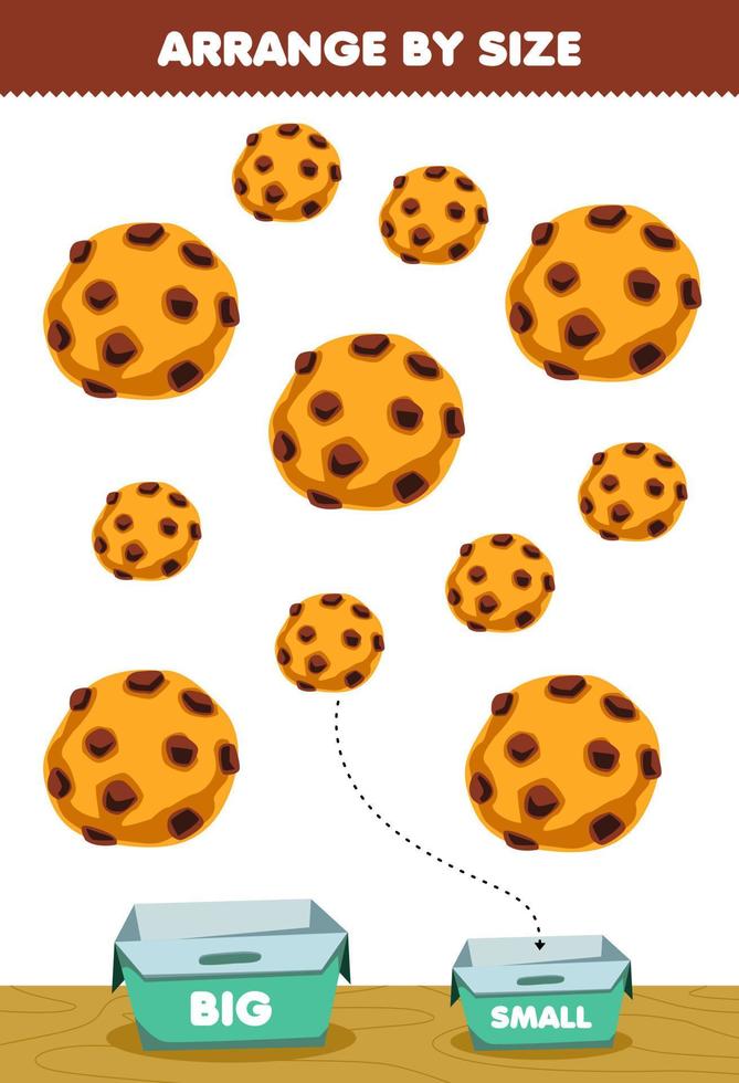 Education game for children arrange by size big or small put it in the box cartoon food snack cookie pictures vector