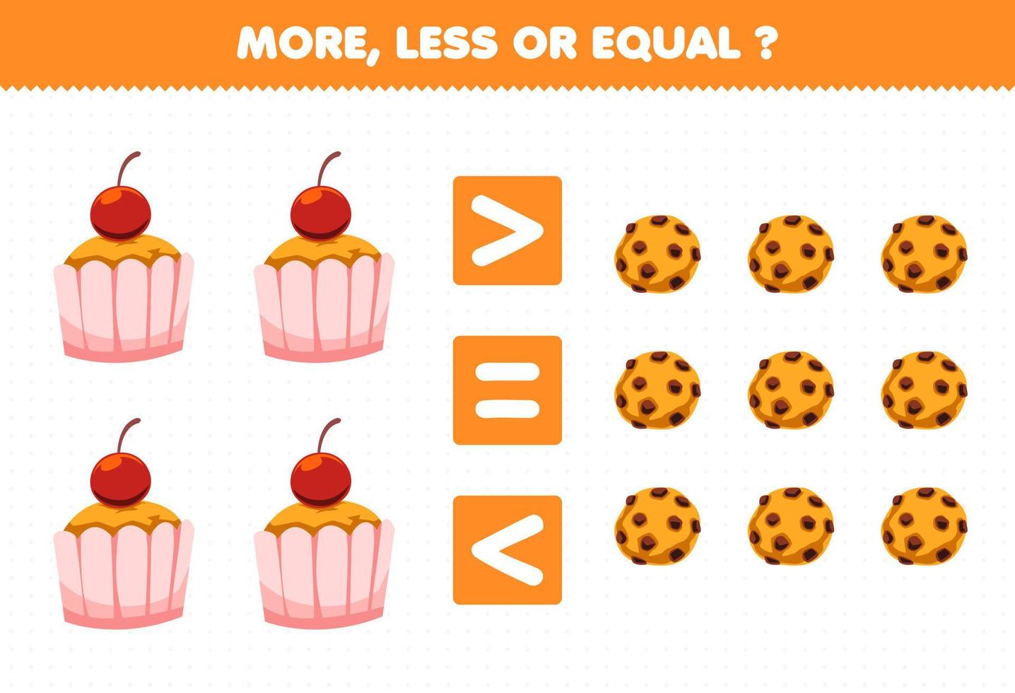 juego educativo para niños más menos o igual cuenta la cantidad de galletas de cupcake de comida de dibujos animados vector