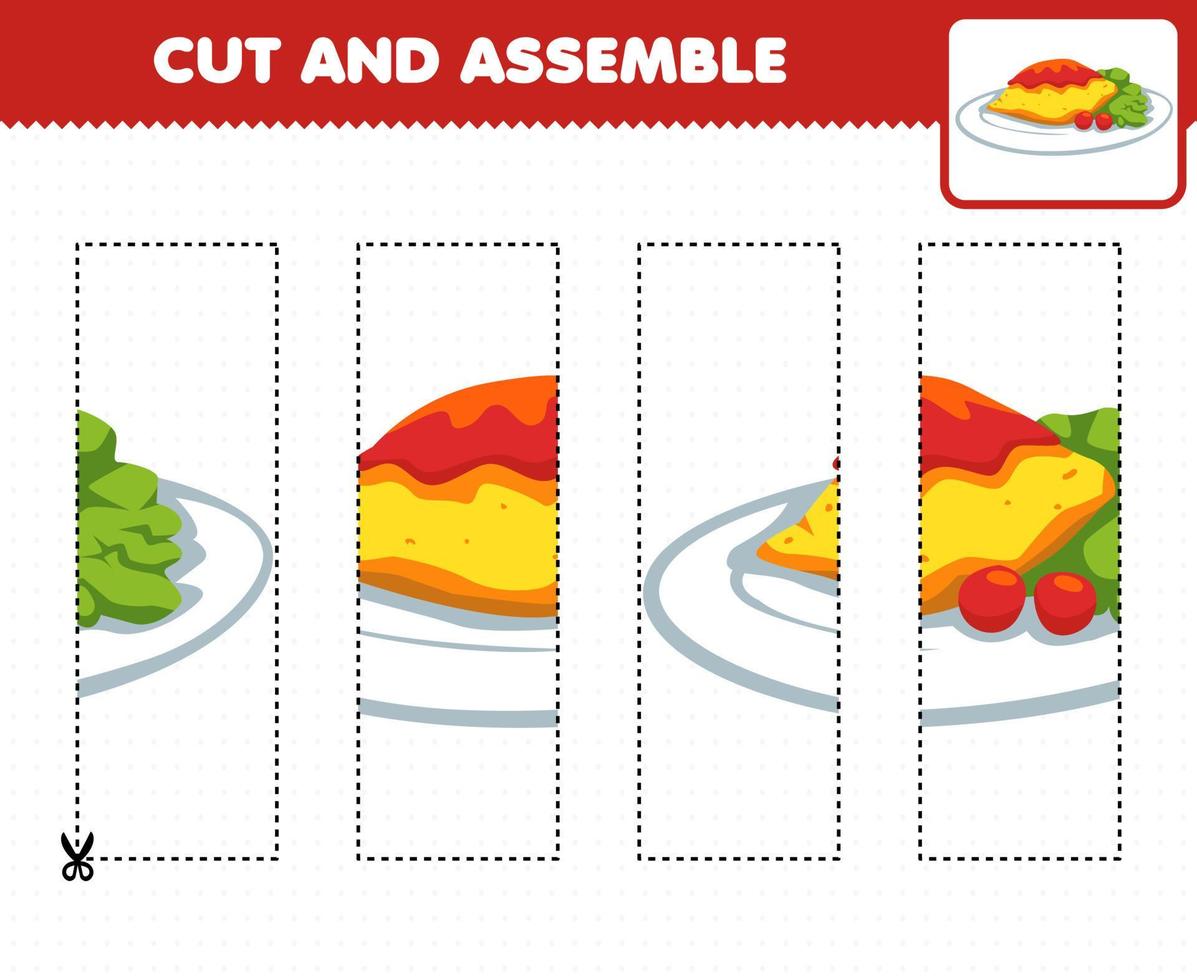 Education game for children cutting practice and assemble puzzle with cartoon food omelet vector