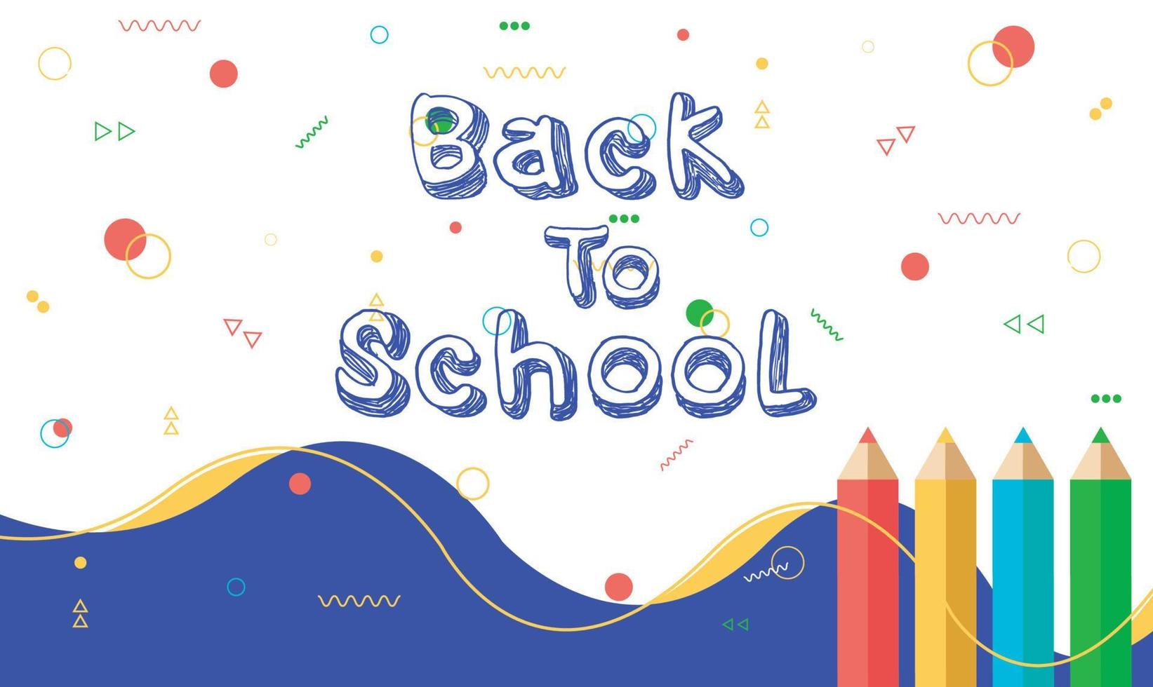 Welcome back to school background with colorful pencils, blue wave and geometric shapes vector