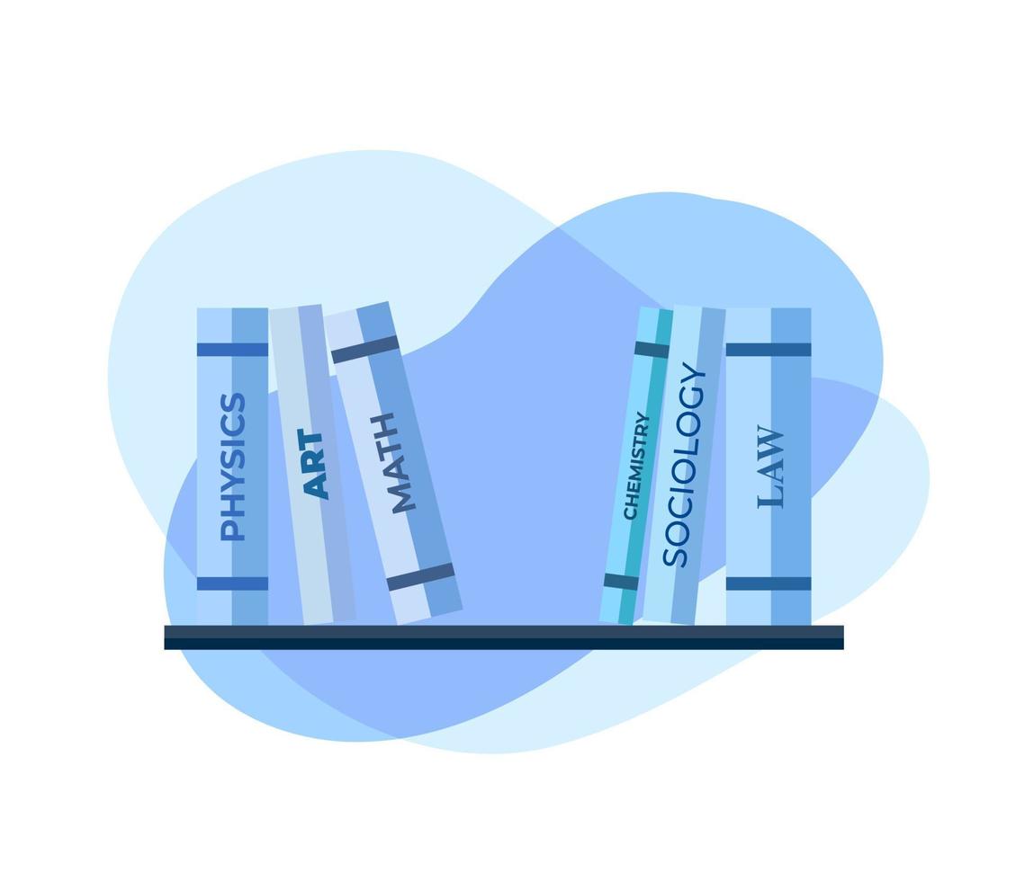 libros de ciencia en estantería con ilustración de vector plano moderno de color azul blob