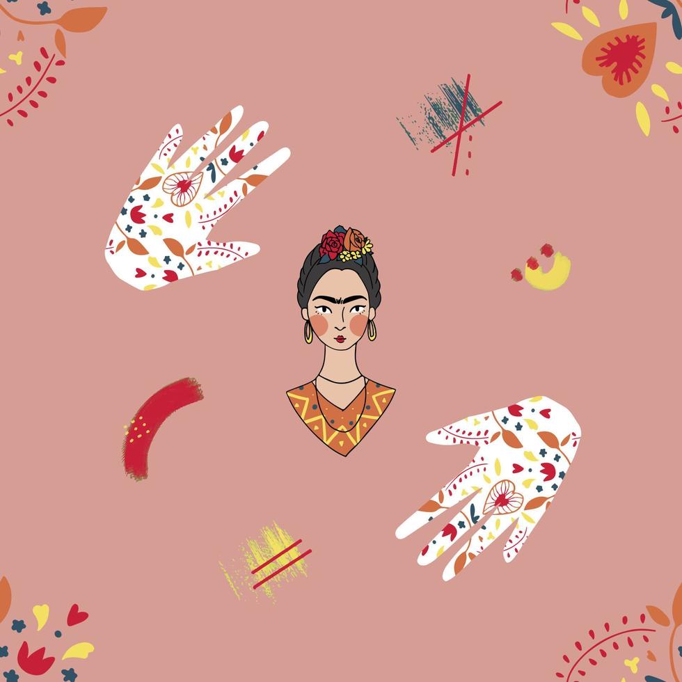 frida kahlo lindo vector de ilustración de patrones sin fisuras con adorno mexicano perfecto para golosinas de arte cultural, prendas de vestir, telas y artículos de papelería