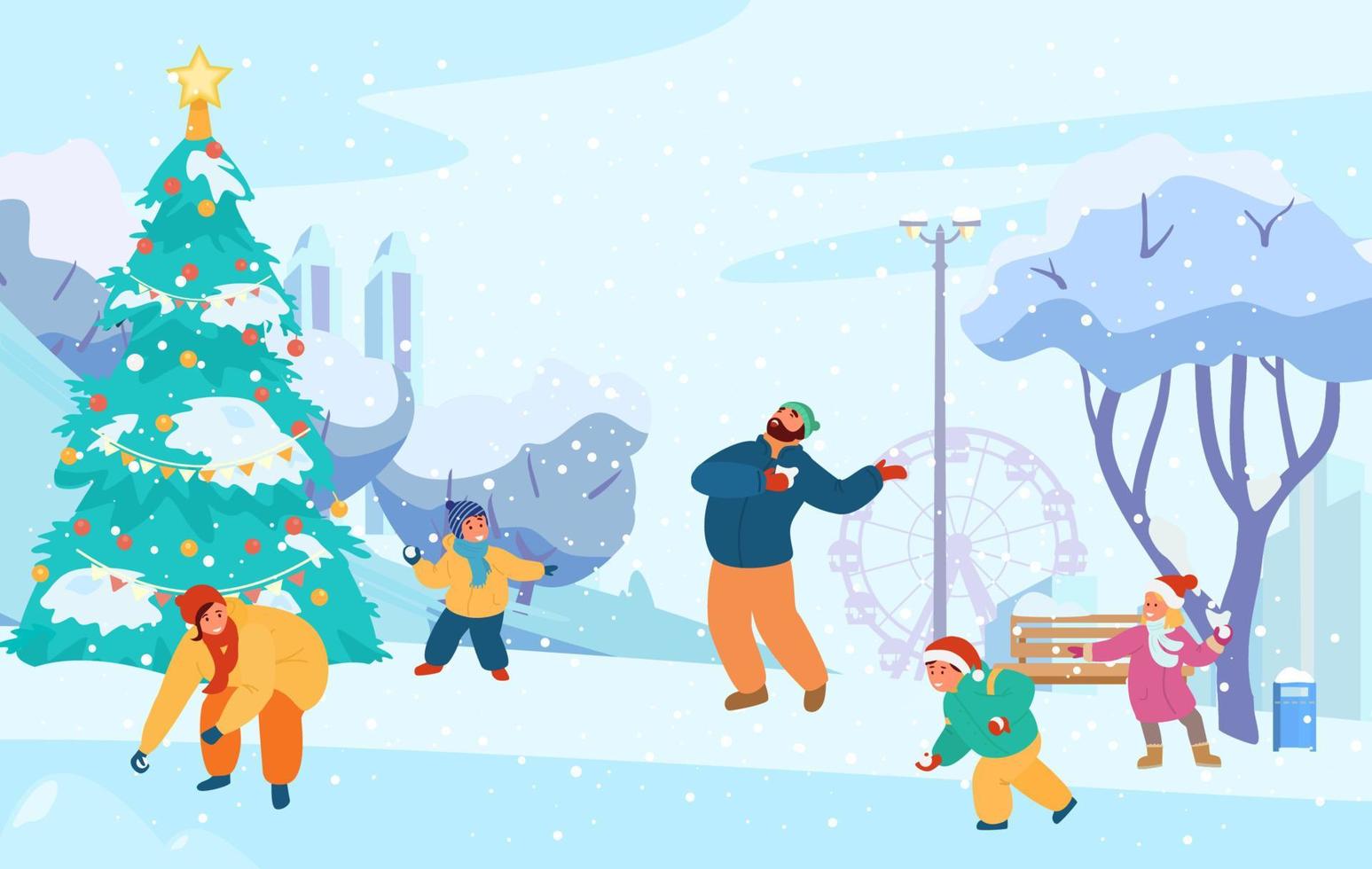 paisaje del parque de invierno con familia feliz jugando pelea de bolas de nieve. silueta de la ciudad, árbol de navidad, banco, árboles nevados. ilustración vectorial plana. vector