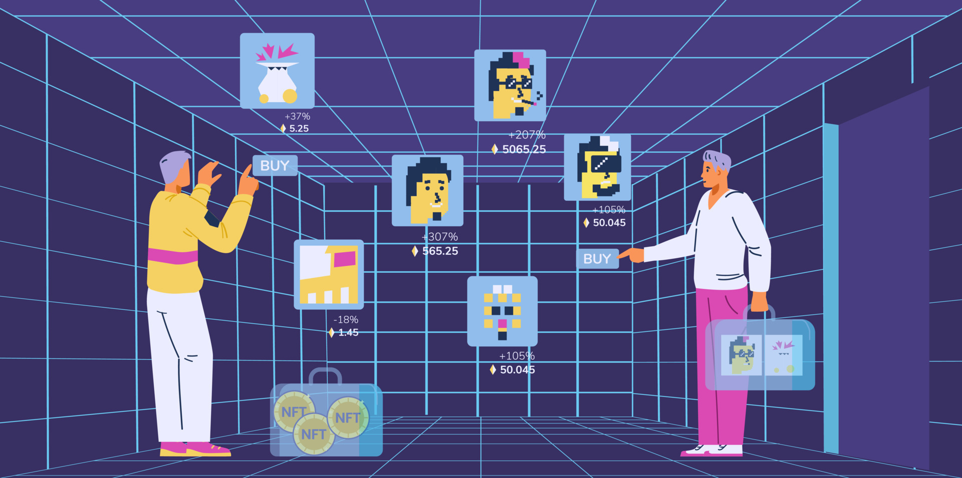 People in virtual art gallery buying nft art flat vector illustration