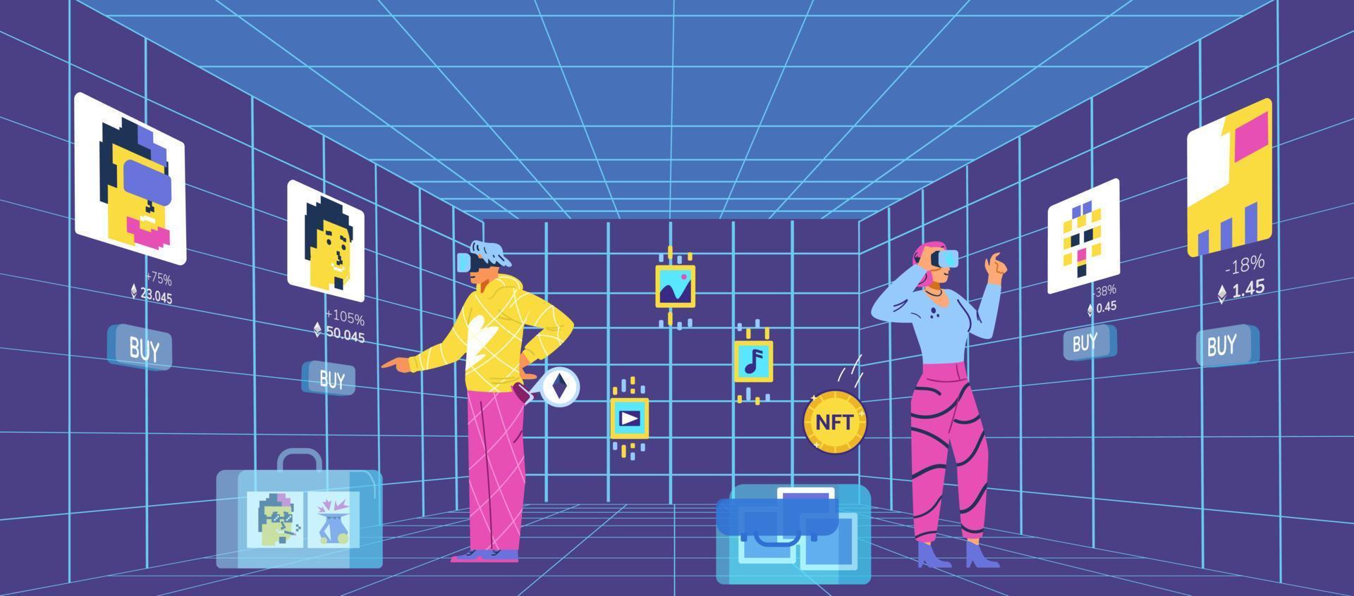 People in VR headset in metaverse art gallery buying nft art flat vector illustration. Collectors with briefcases with NFT portfolio in virtual art gallery. Investment in nft concept.