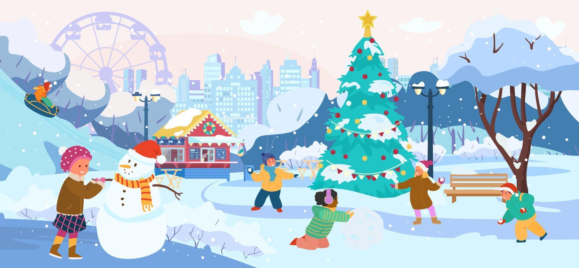 paisaje de parque de invierno con niños jugando bolas de nieve, haciendo muñecos de nieve, montando tubos de nieve. café del parque, silueta de la ciudad, árbol de navidad, árboles nevados. ilustración vectorial plana. vector