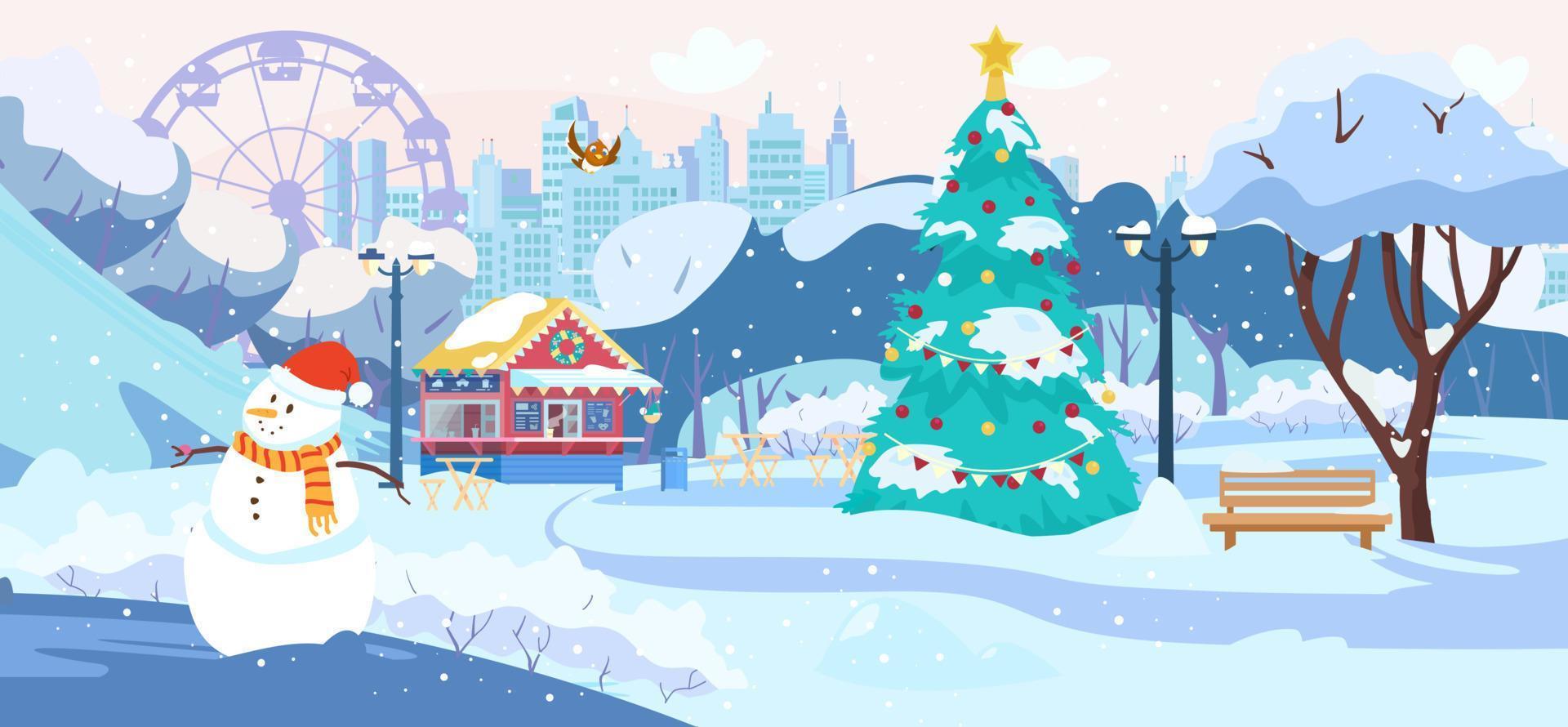 Winter Park Scenery With No People. Park Cafe, City Silhouette, Christmas Tree, Snowy Trees. Flat Vector Illustration.