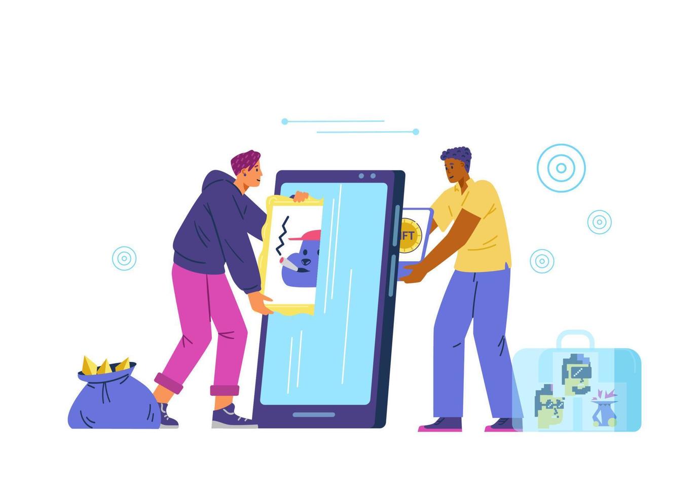Artist selling NFT art to collector throught Internet concept vector illustration. Converting real painting into non-fungible token concept.