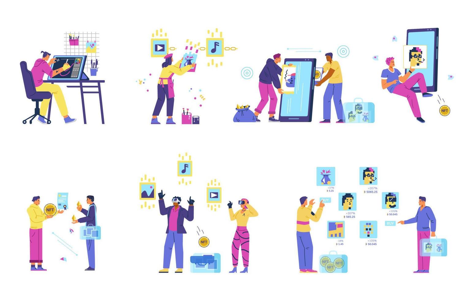 People creating, selling, choosing and buying NFT art set of vector illustrations.