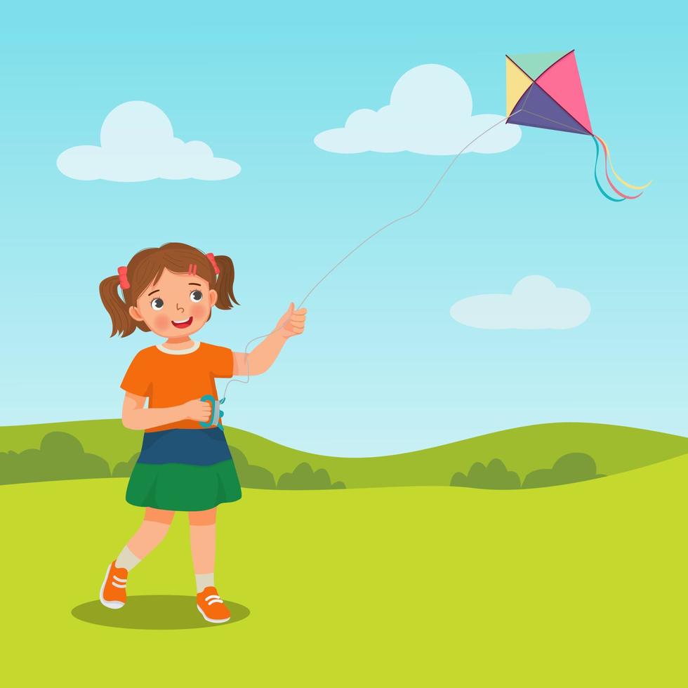 cute little girl enjoying playing kite in the park on summertime vector