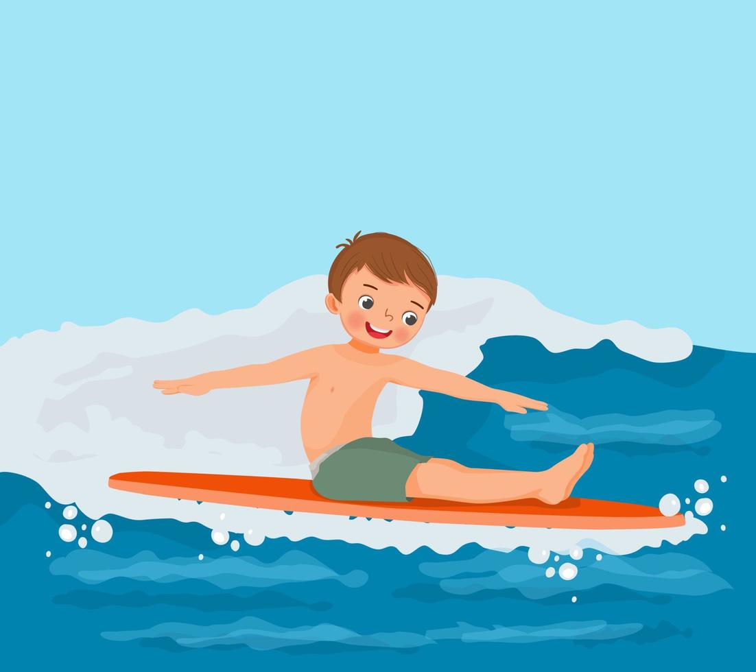feliz niño surfista cabalgando sobre tablas de surf divirtiéndose en las olas del mar en la playa en vacaciones de verano vector