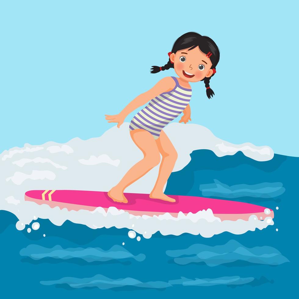 Cute little girl surfer riding on surfboard having fun on sea wave on the beach in summer vacation vector