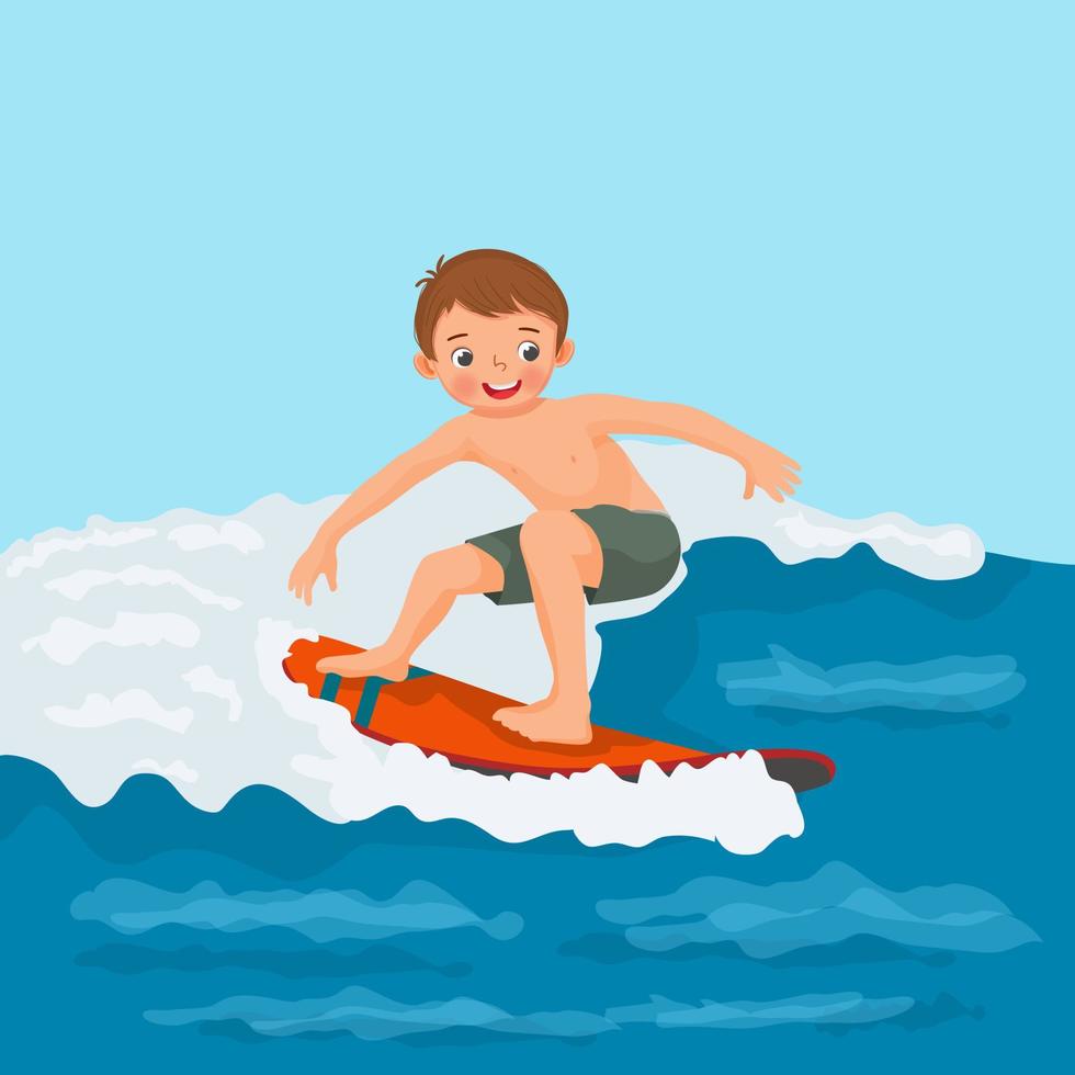 Cute little boy surfer riding on surfboard having fun on sea wave on the beach in summer vacation vector