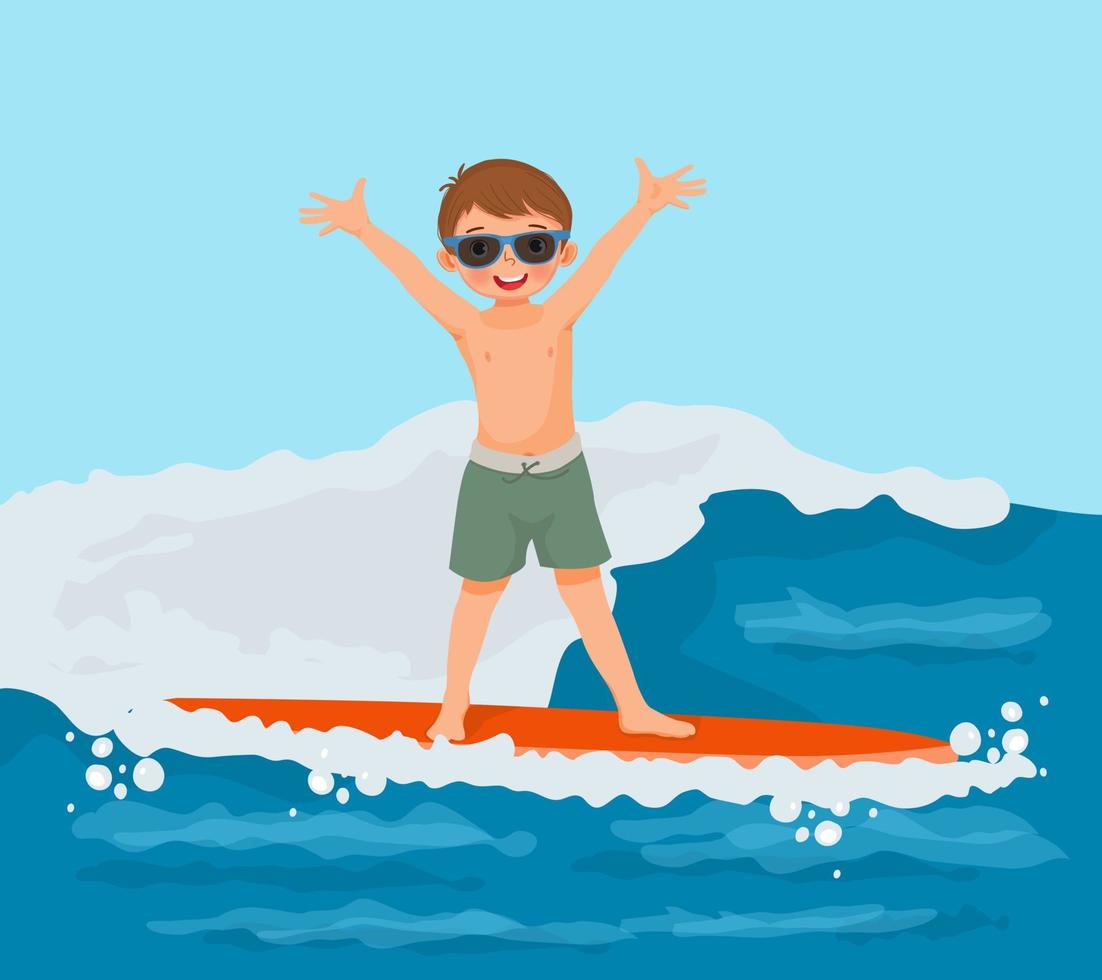 Cute little boy surfer with sunglasses waving hand riding on surfboard on sea wave on the beach in summertime vector