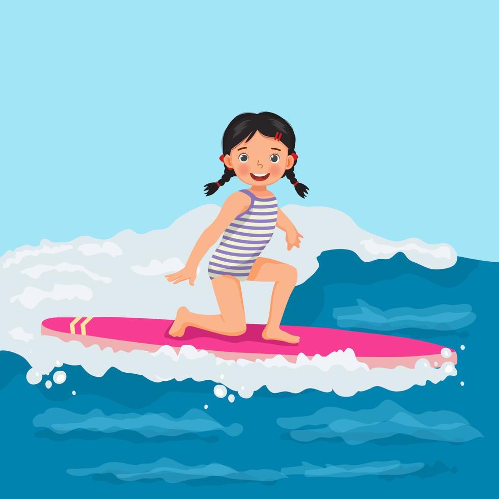 happy little girl surfer riding on surfboard having fun on sea wave on the beach in summer vacation vector