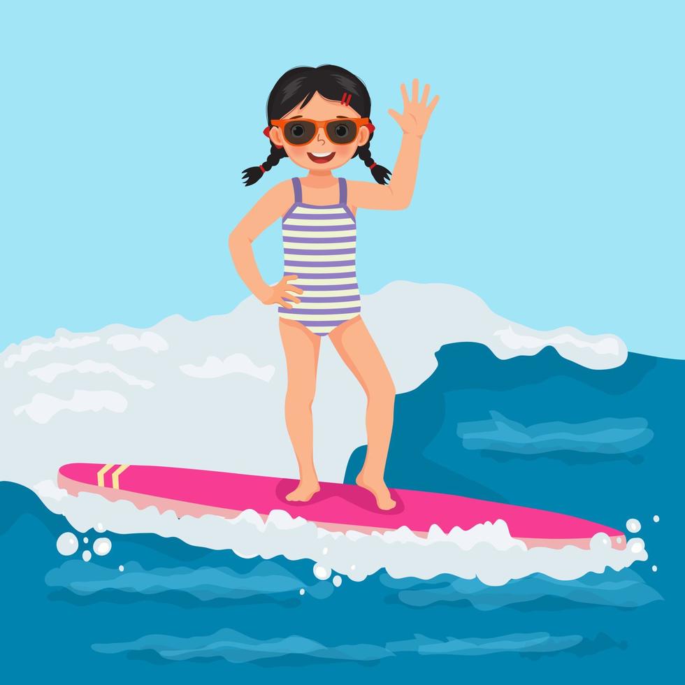 Cute little girl surfer with sunglasses waving hand riding on surfboard on sea wave on the beach in summertime vector