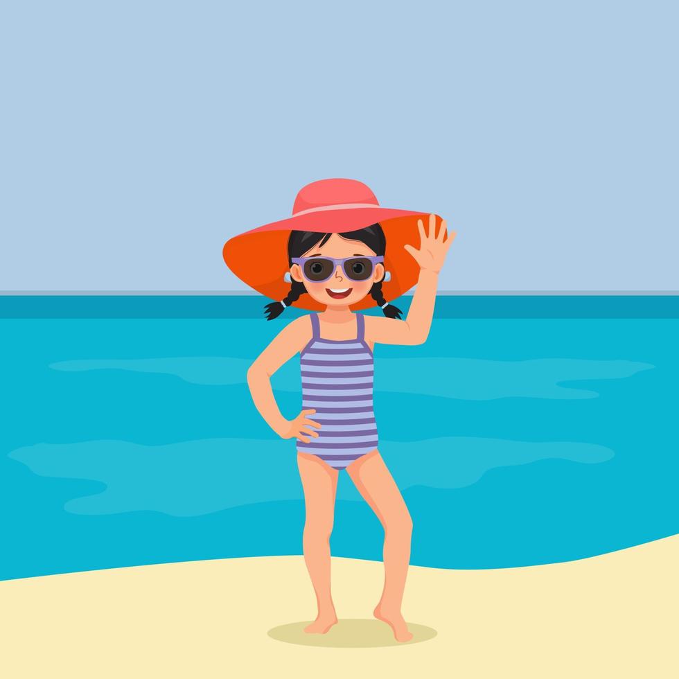 linda niña en traje de baño con sombrero grande y gafas de sol divirtiéndose en la playa saludando con la mano posando en vacaciones de verano vector