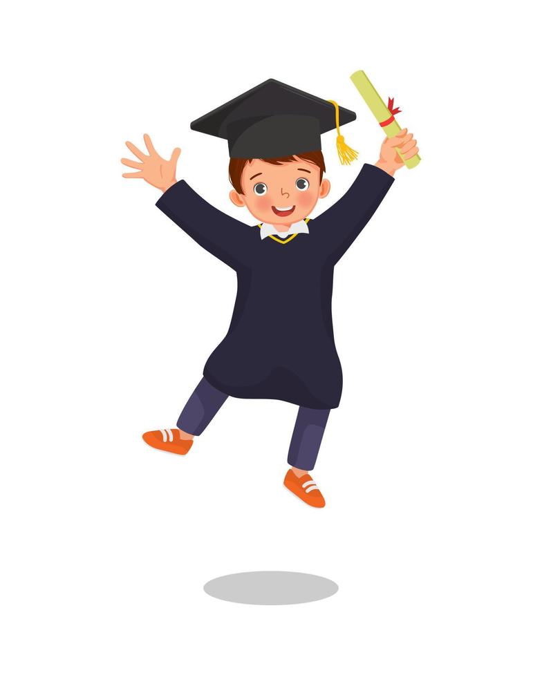 cute little boy student in graduation gown holding certificate diploma jumping in happy graduation day vector