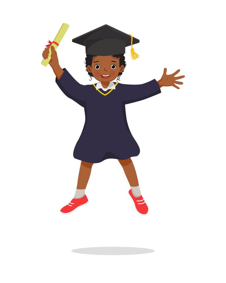 cute little African girl student in graduation gown holding certificate diploma jumping in happy graduation day vector