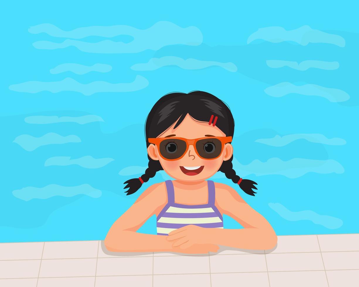 linda niña en traje de baño y gafas de sol divirtiéndose en la piscina en verano vector