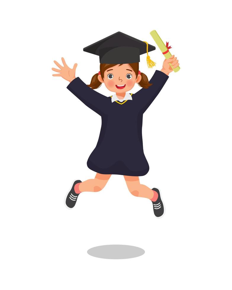 cute little girl student in graduation gown holding certificate diploma jumping in happy graduation day vector