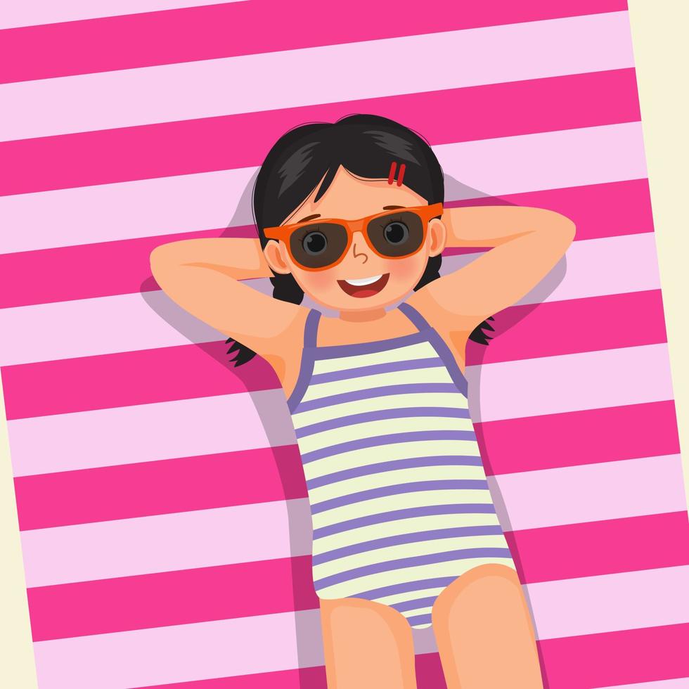 Top view of cute little girl with swimsuit and sunglasses lying on beach towel having fun sunbathing in summer vacation vector