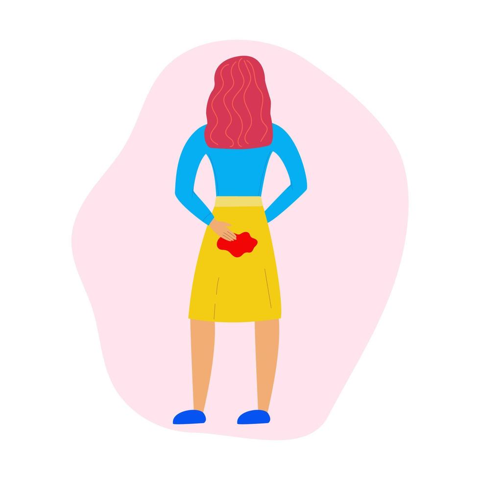 Young girl character is leaking during menstruation. Stain pants blood. Period. Feminine hygiene. Menstrual protection. Flat vector illustration.