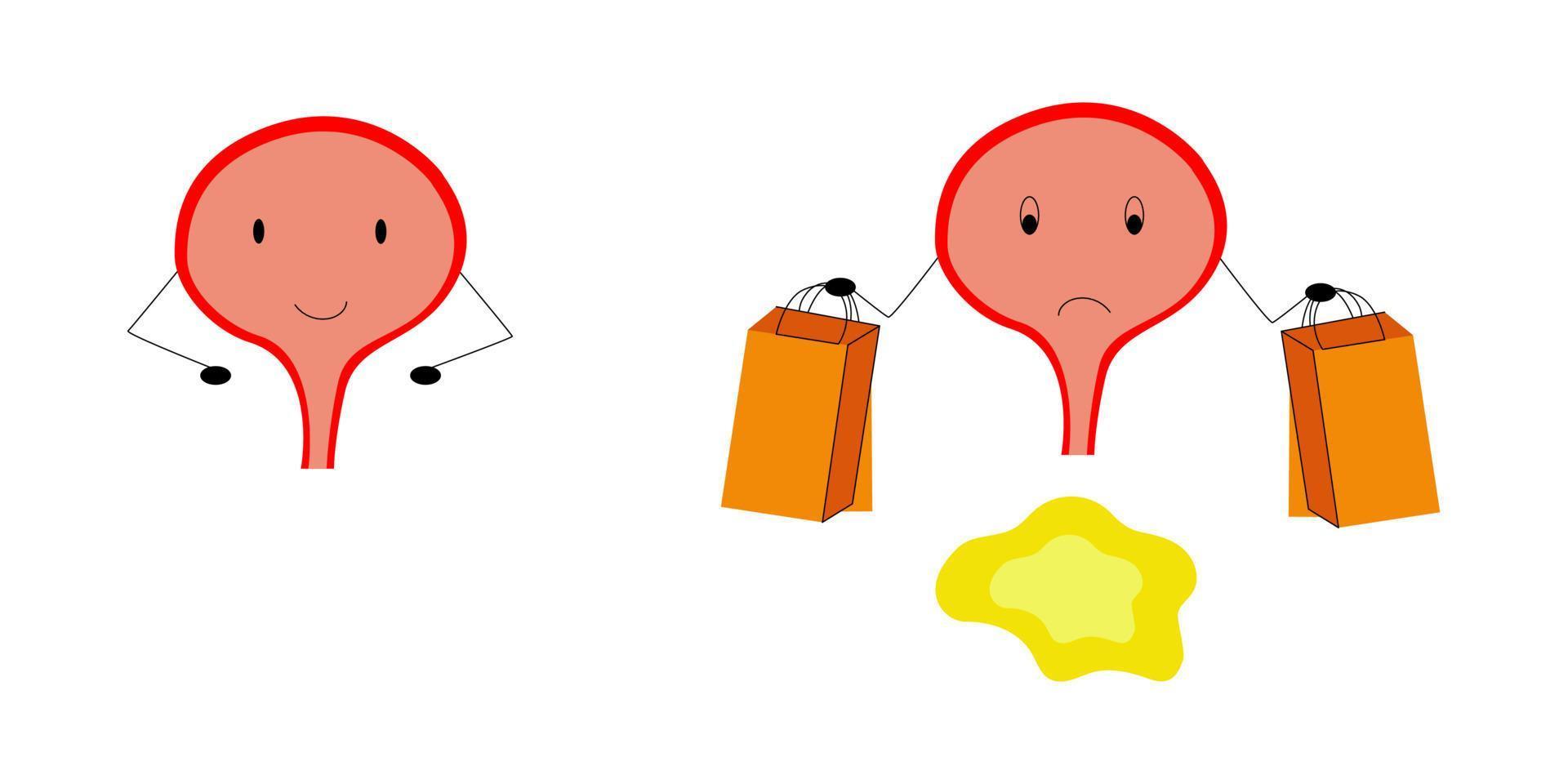 Cute happy and sad sick funny human bladder organ character. Vector flat illustration. Isolated on white background. Bladder with face character mascot concept.