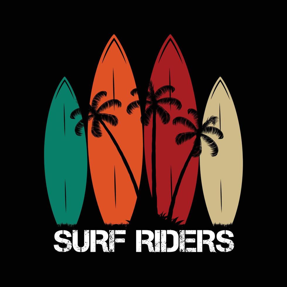 Surf Riders vintage style t-shirt and apparel trendy design with palm trees silhouettes, typography, print, vector illustration