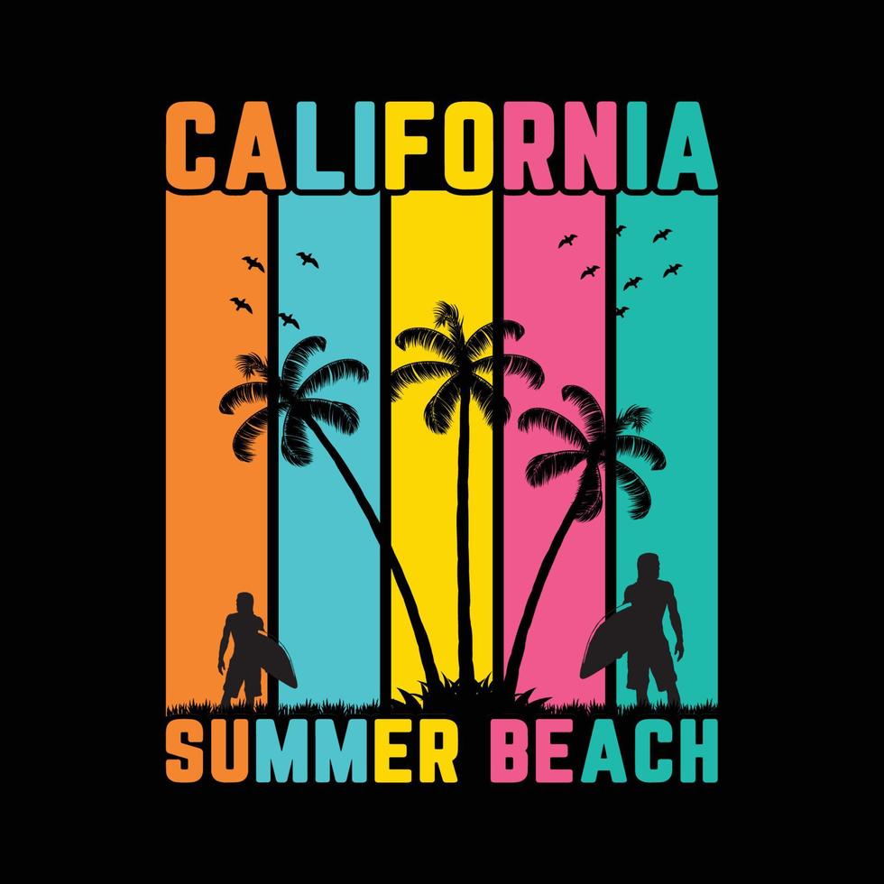 camiseta de estilo vintage de playa de verano de california y diseño de moda de ropa con siluetas, tipografía, impresión, ilustración vectorial vector