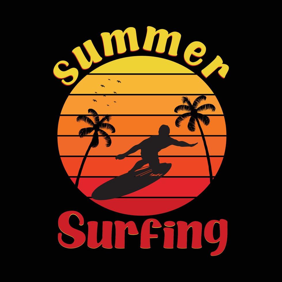 Summer Surfing vintage style t-shirt and apparel trendy design with surf silhouettes, typography, print, vector illustration