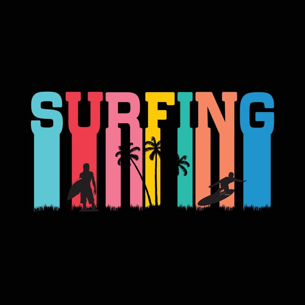 Surfing vintage style t-shirt and apparel trendy design with surf and silhouettes, typography, print, vector illustration