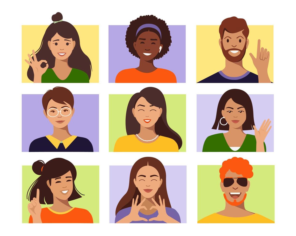 Set of avatars of happy people of different races and ages. Portraits of men and women. Vector set